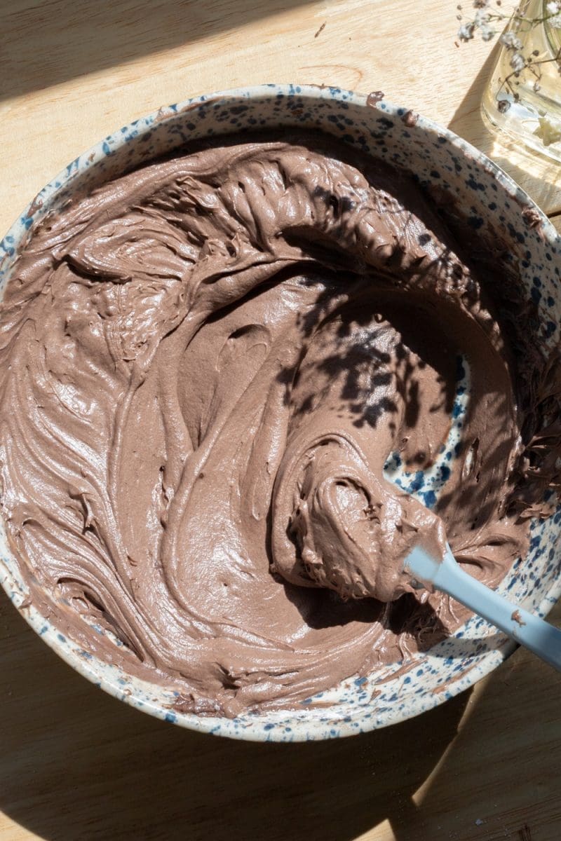 The chocolate cream cheese frosting, close-up.