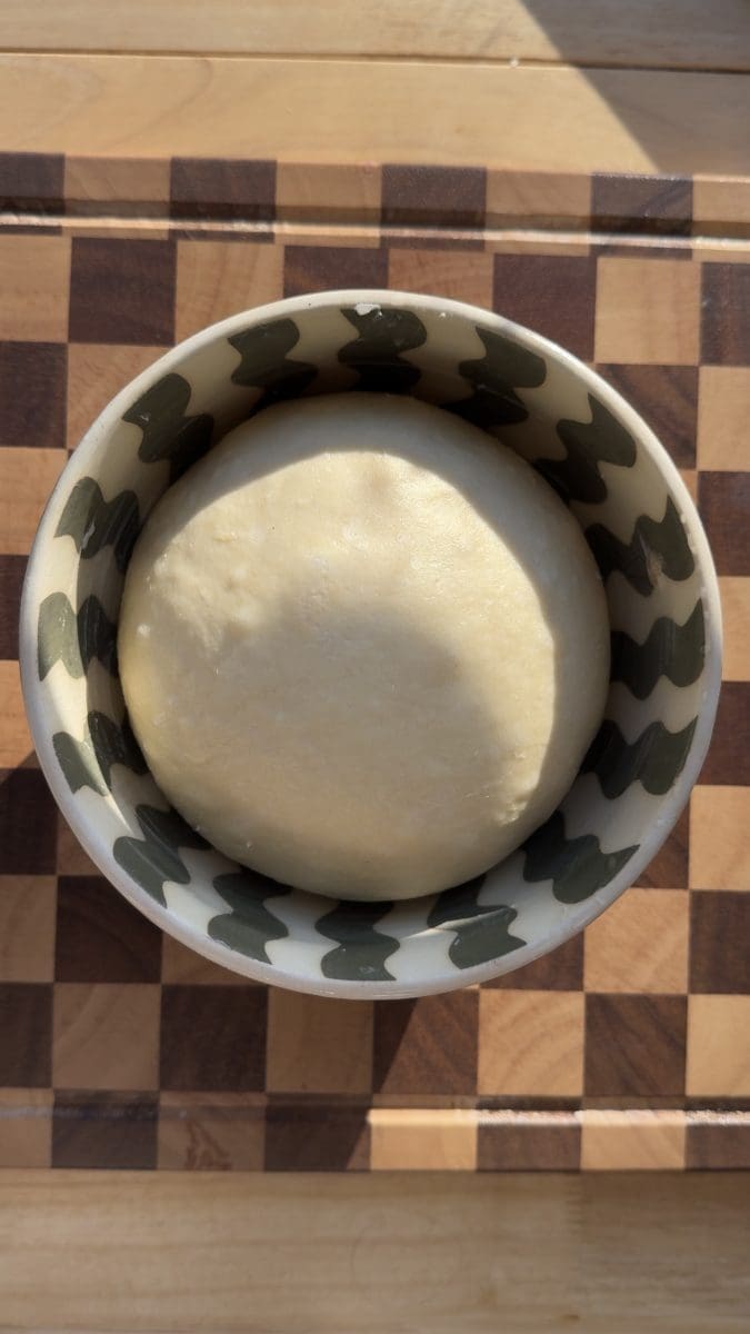 The dough in a mixing bowl.
