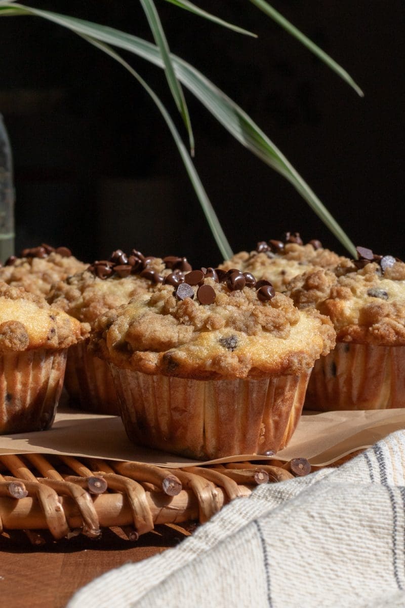 Close up of the small batch chocolate chip muffins.