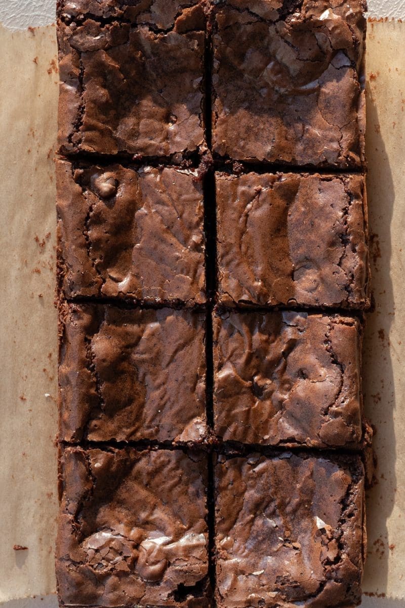 Overhead view of the sliced small batch fudge brownies.