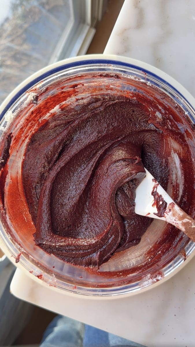 The finished red velvet brownie cookie dough.