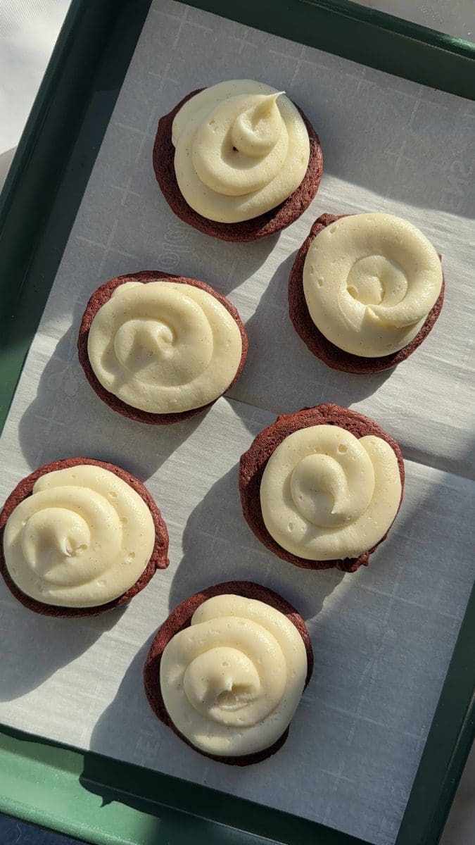 The frosted red velvet brownie cookie sandwiches.