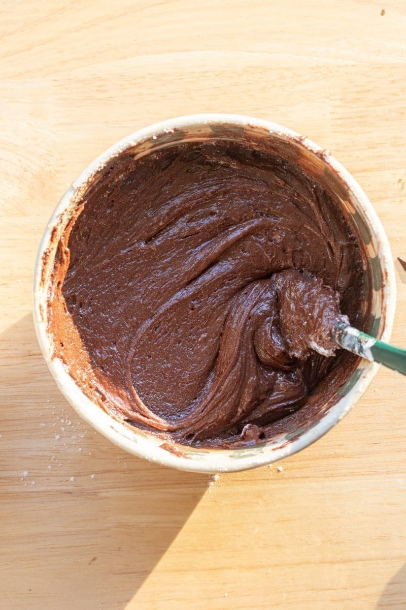 The finished brownie cookie dough in a mixing bowl.