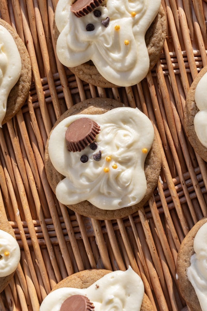 Close up of one of the melting snowman cookies.