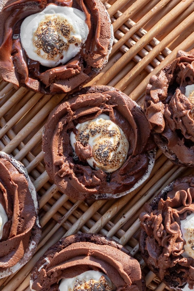 The inside of the cookie sandwiches with the ganache and torched marshmallow.