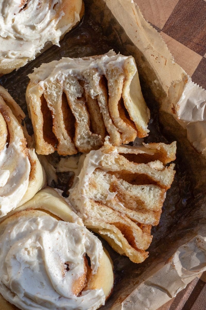Close up cross-section of one of the cinnamon rolls.