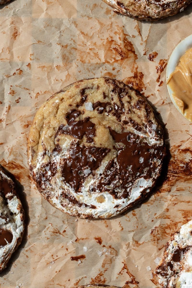 Close up of one of the fluffernutter chocolate chip cookies.