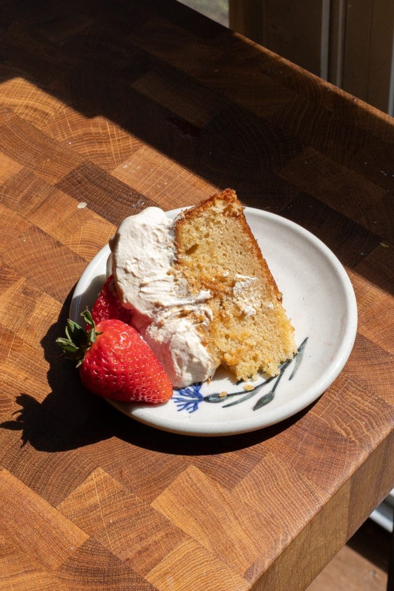 Close up slice of the dulce de leche strawberry shortcake.