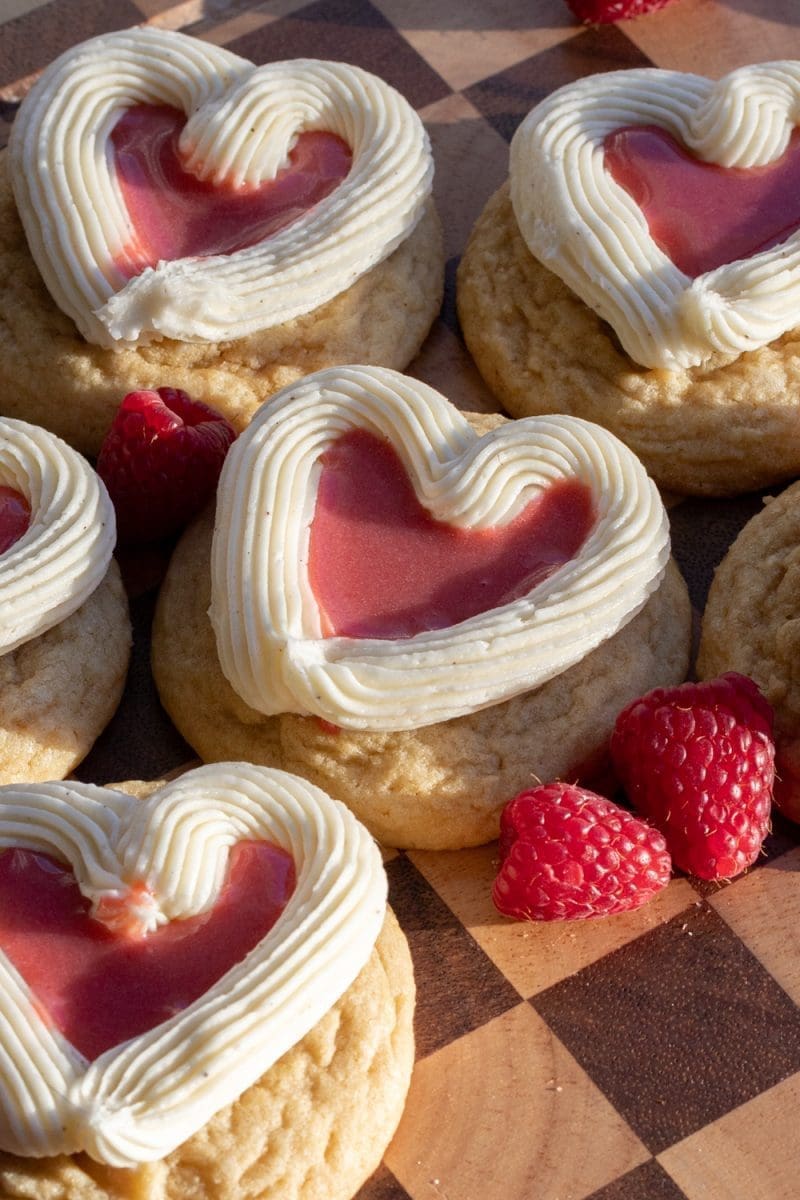Angled view of the raspberry curd sugar cookies.