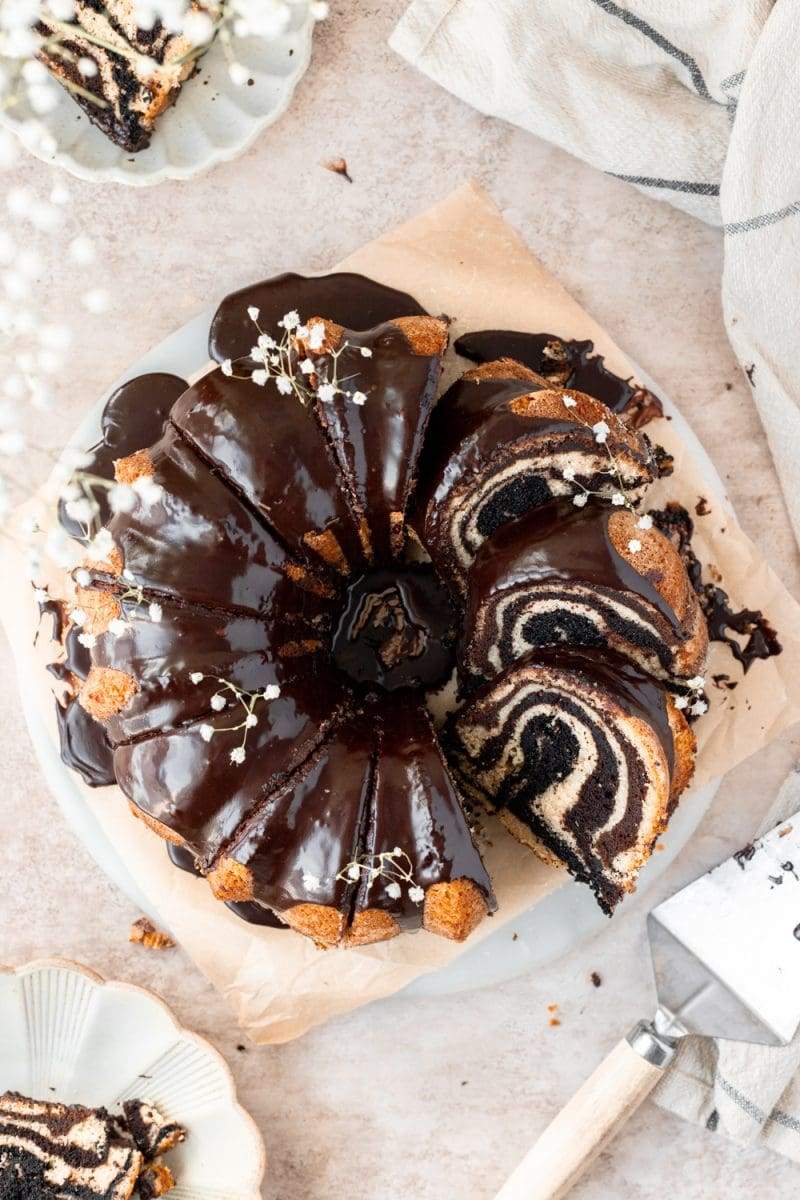 Flat lay of the chocolate marbled bundt cake