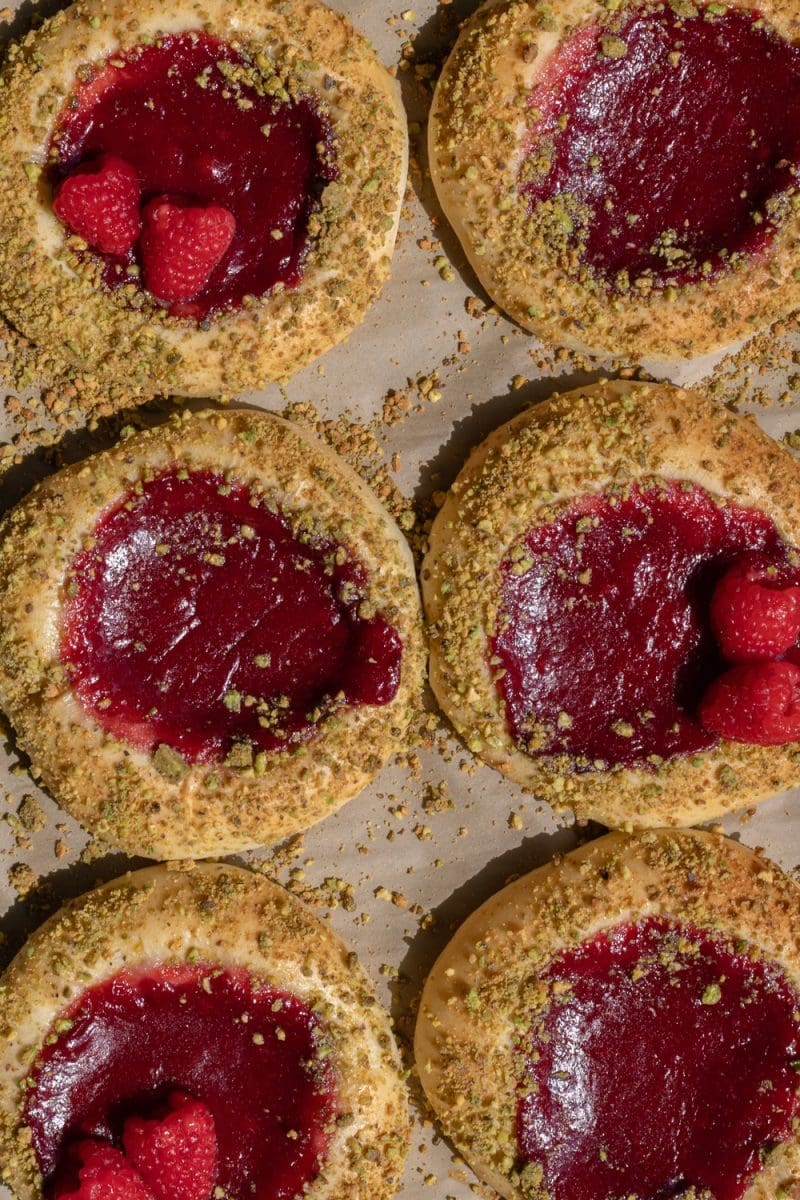 Overhead view of the raspberry brioche buns.