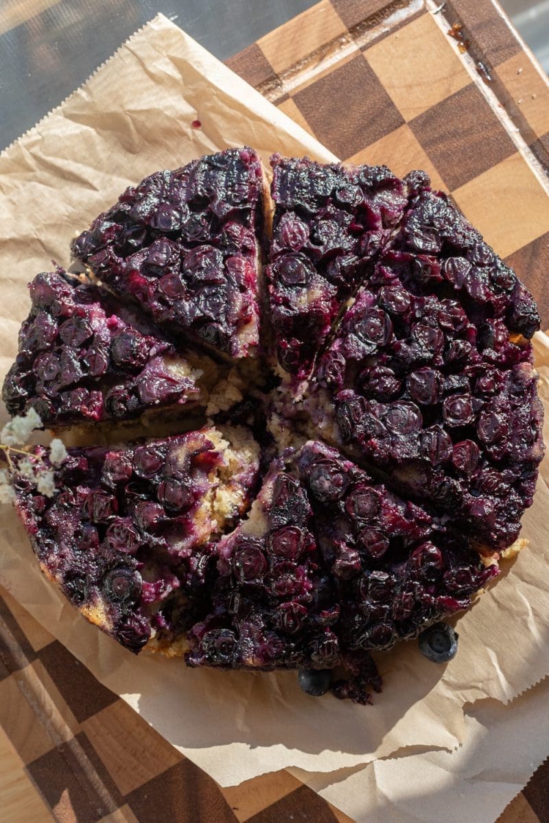 Overhead view of the banana blueberry upside down cake