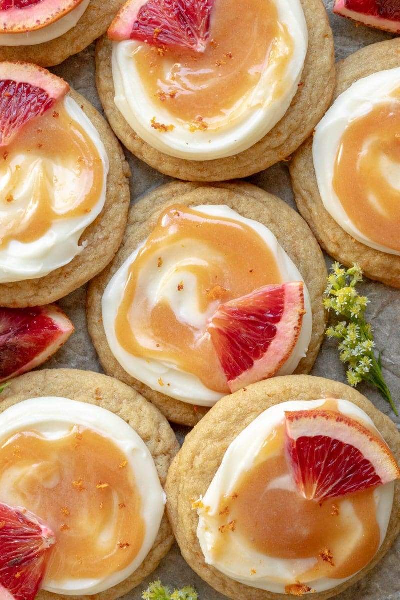 Flat lay of the blood orange cookies, with some staggered on top of each other.
