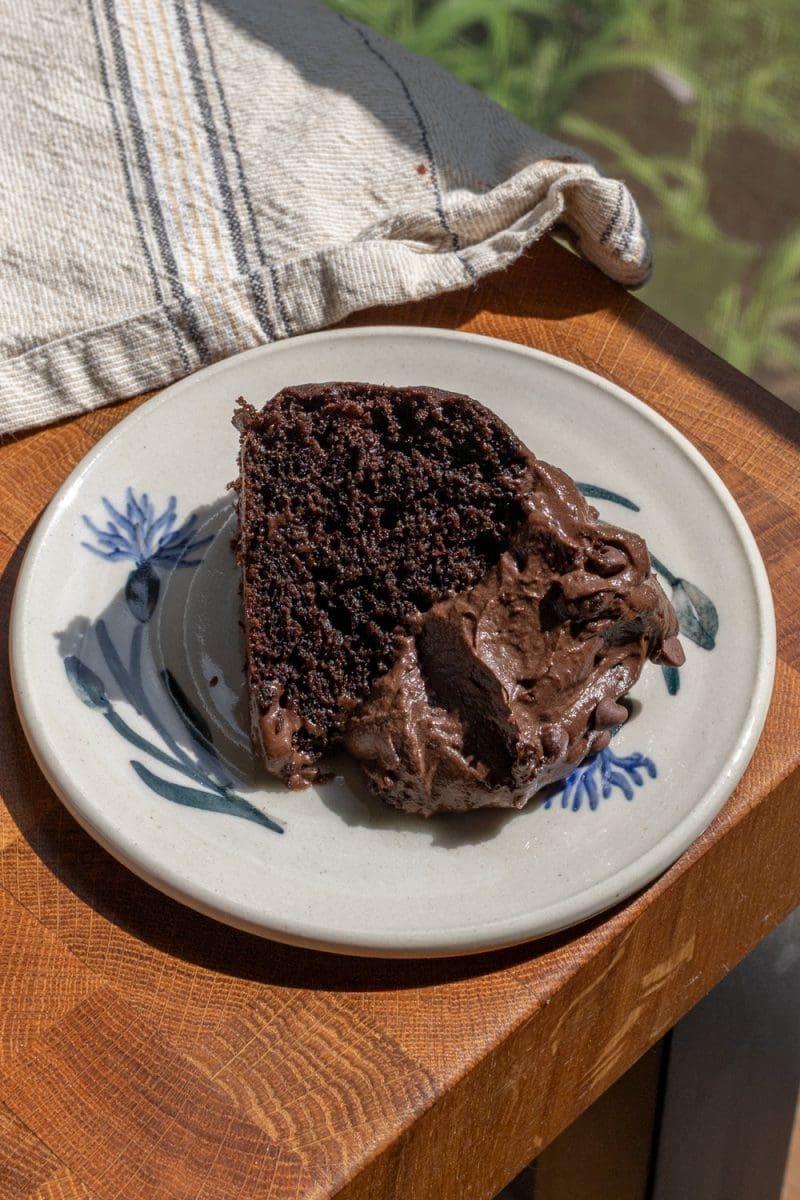 Close up of a slice of the small batch chocolate cake.