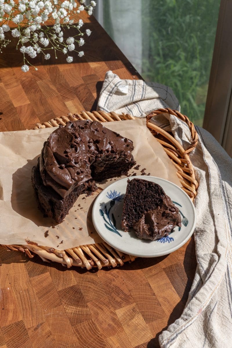 Overhead look at the sliced small batch chocolate cake.