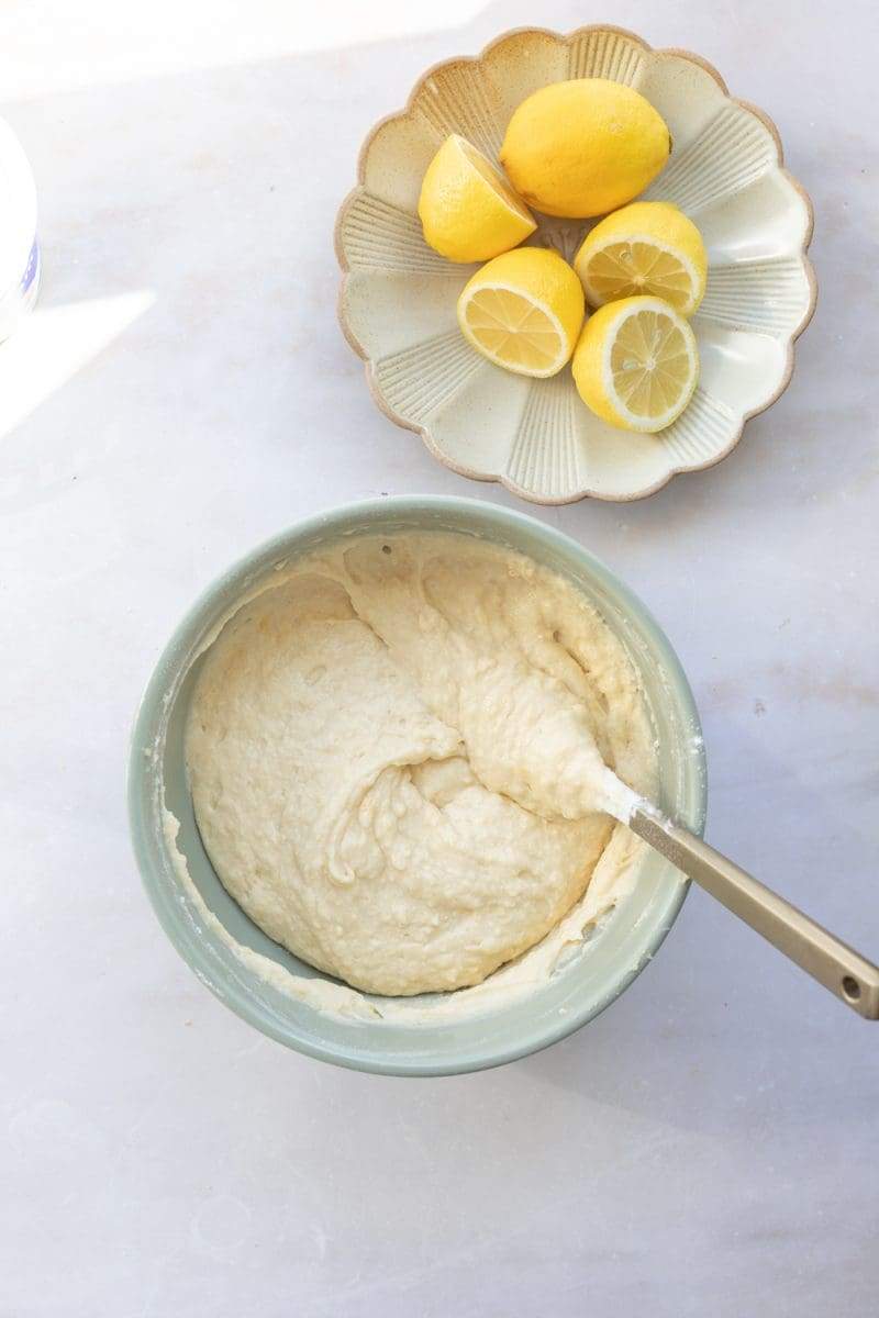 The finished cake batter in the mixing bowl.