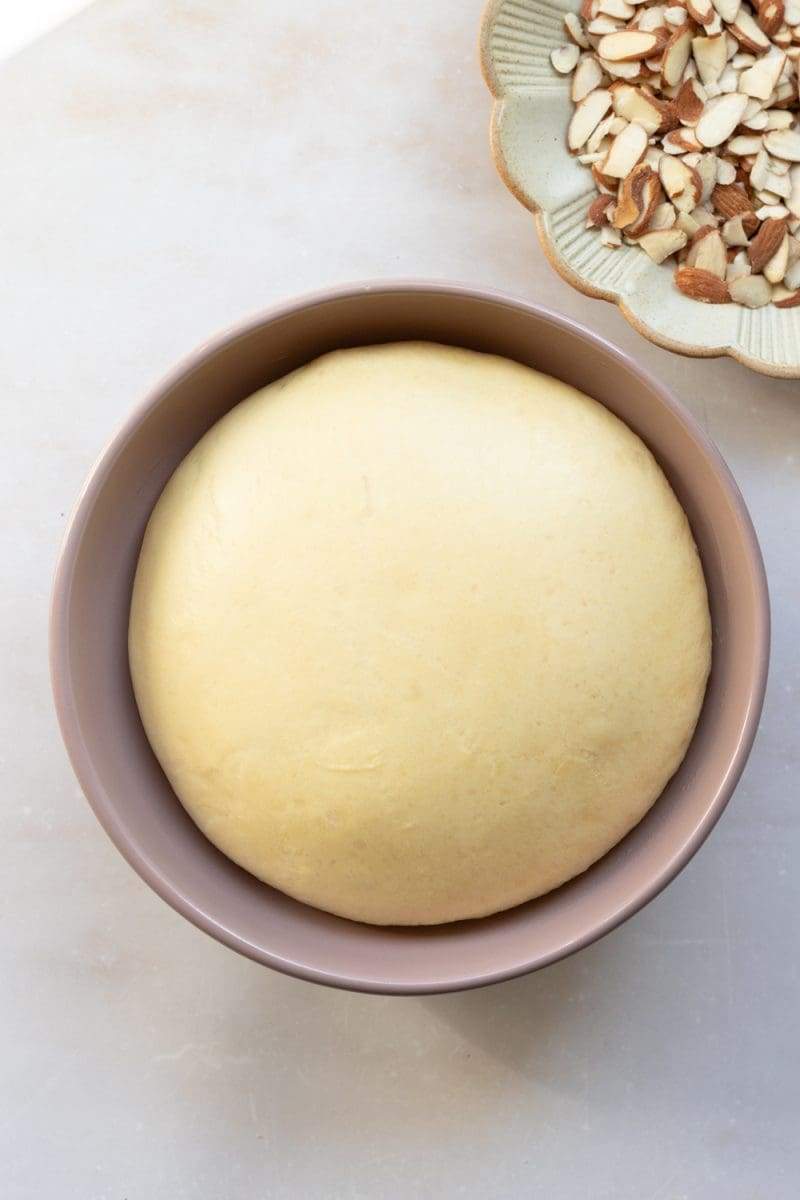 The risen dough in a mixing bowl