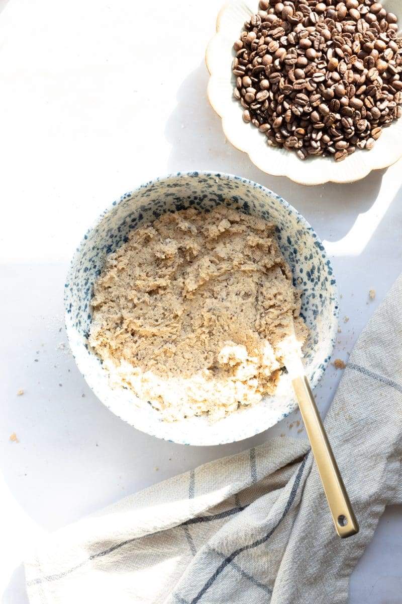 A mixing bowl, showing the finished cookie dough.