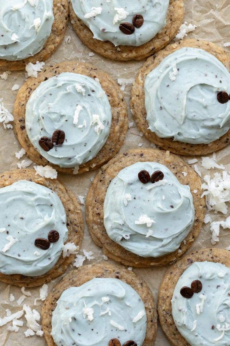 Flat lay of the frosted robin's egg cookies