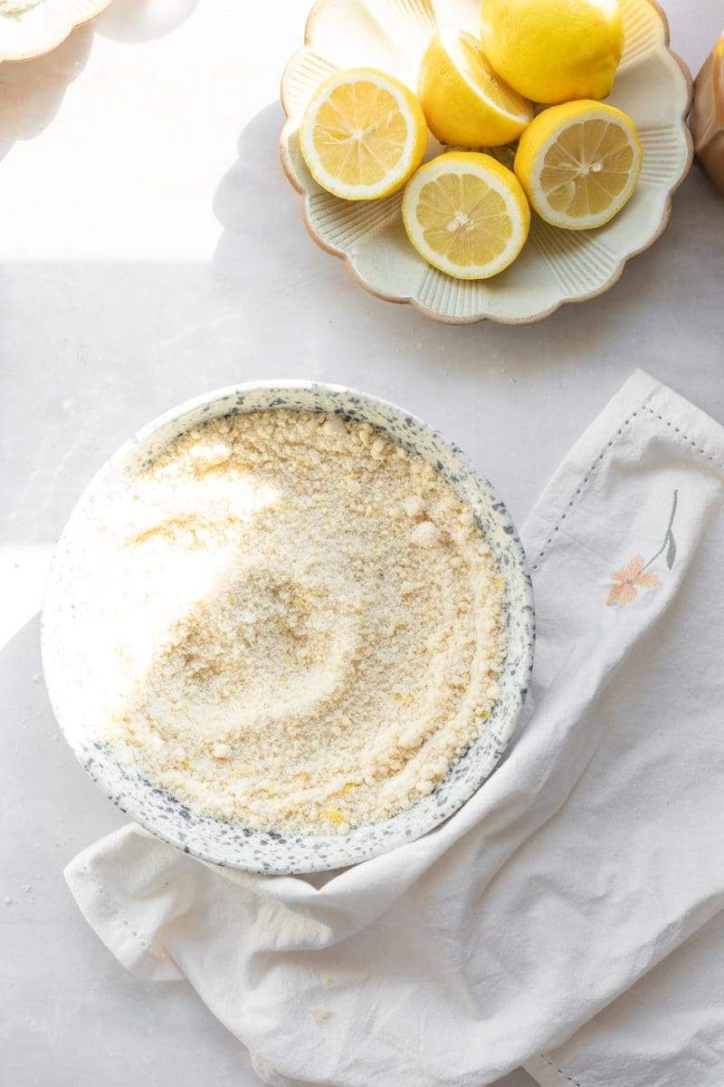 the mixing bowl with the butter beaten into the dry ingredients