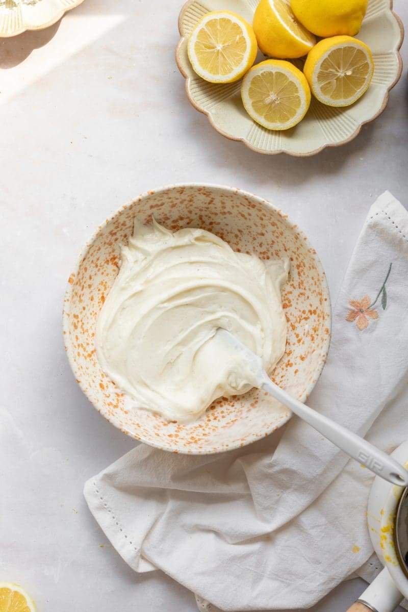 the cream cheese frosting in a mixing bowl