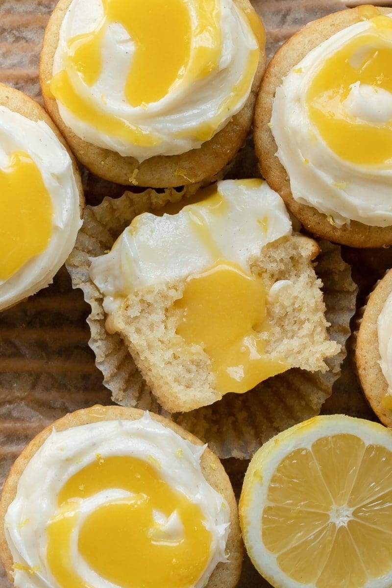 close up of a cross-section of the lemon curd cupcakes