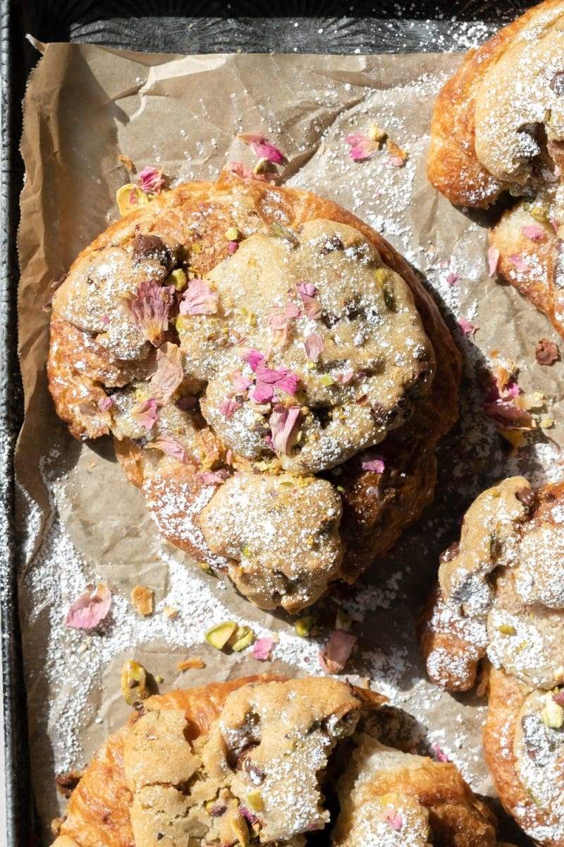 close-up of the pistachio rose cookie croissant
