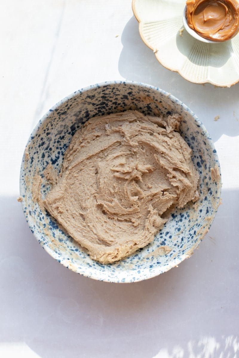 The finished cookie dough in the mixing bowl.