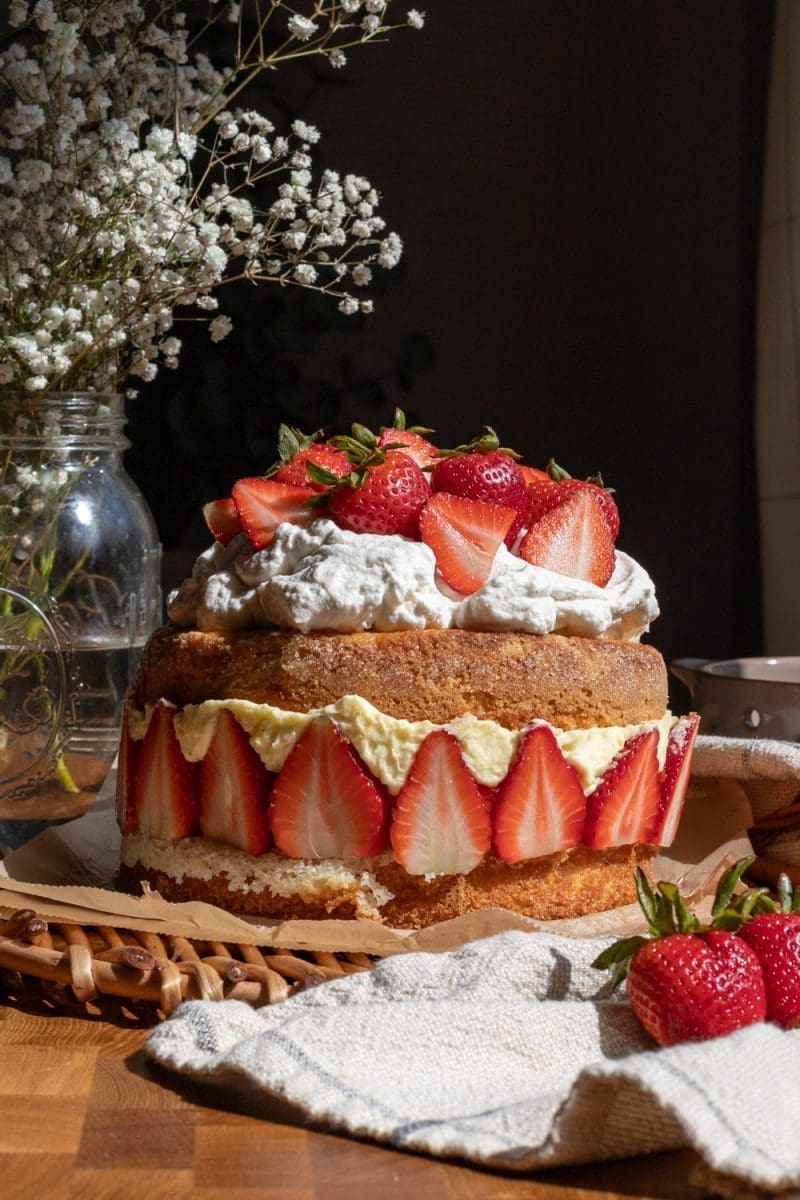The assembled strawberries and cream cake.