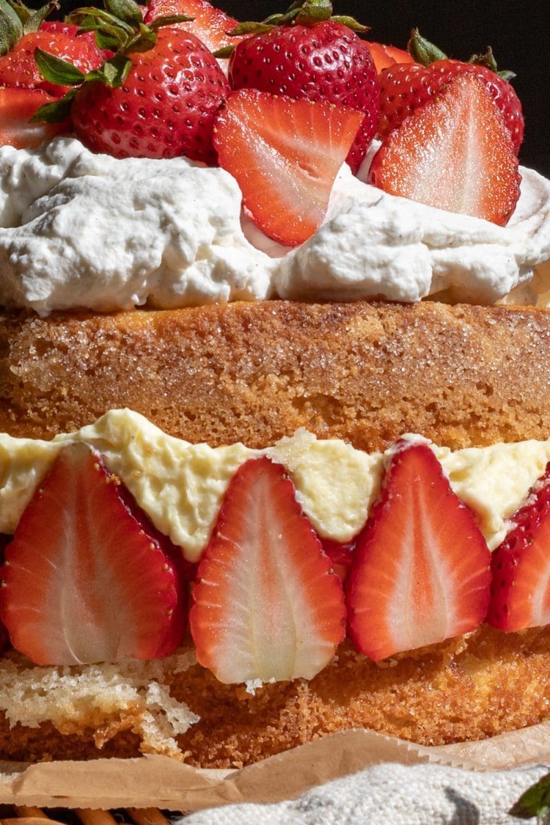 Close up view of the assembled strawberries and cream cake