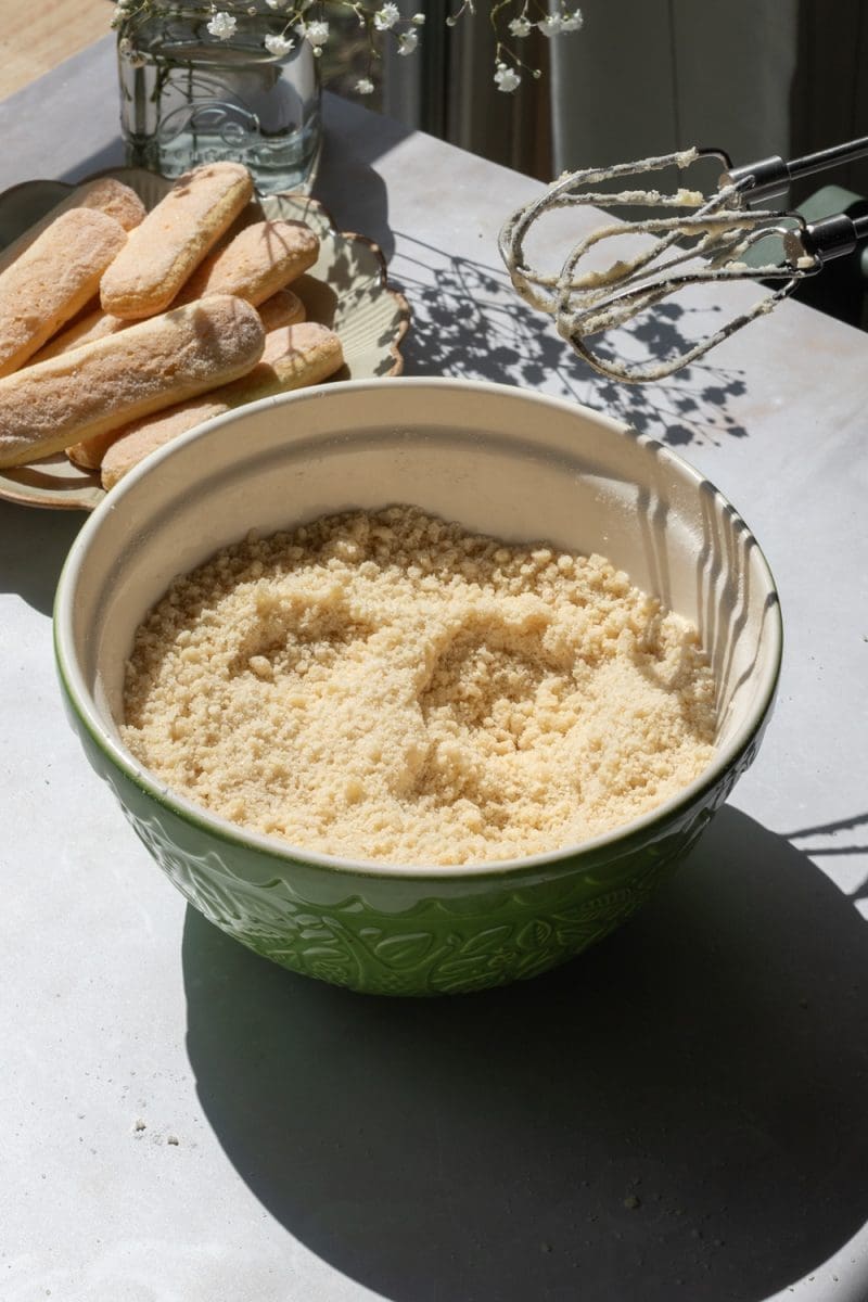 The cake batter after beating together the dry ingredients and butter.