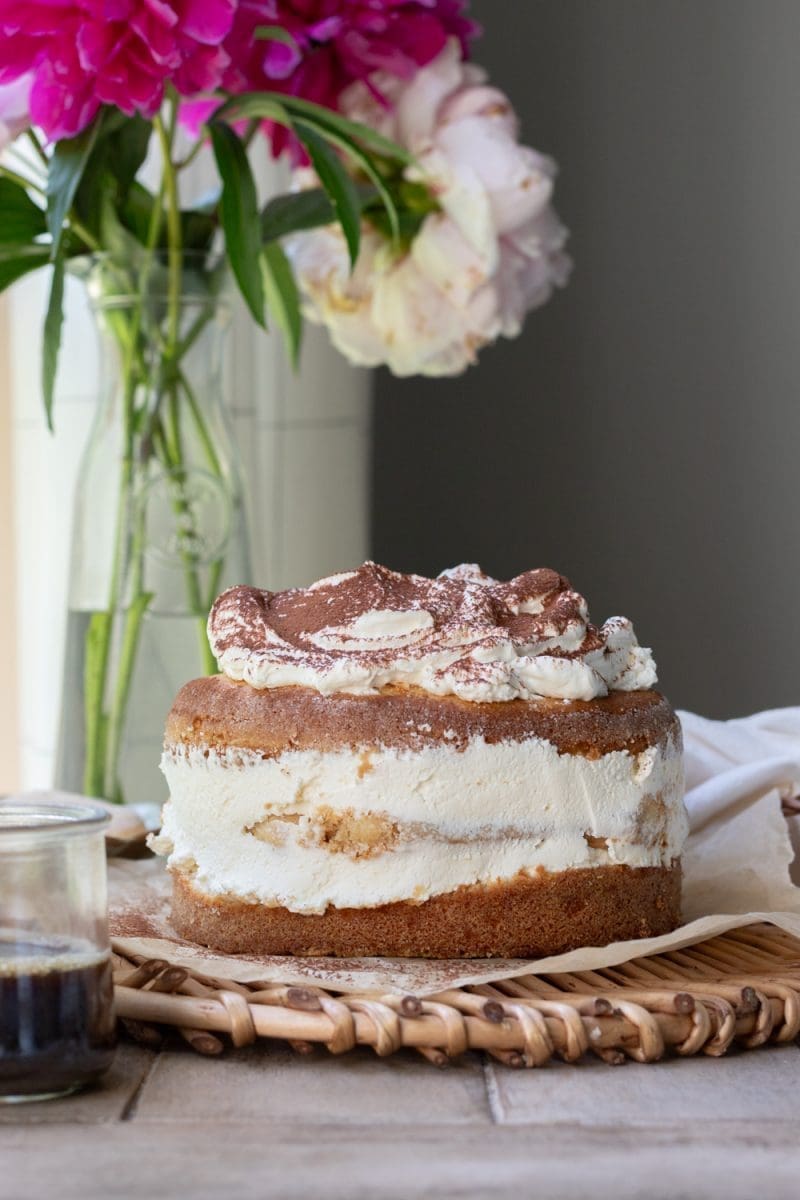 The tiramisu cake before being sliced.