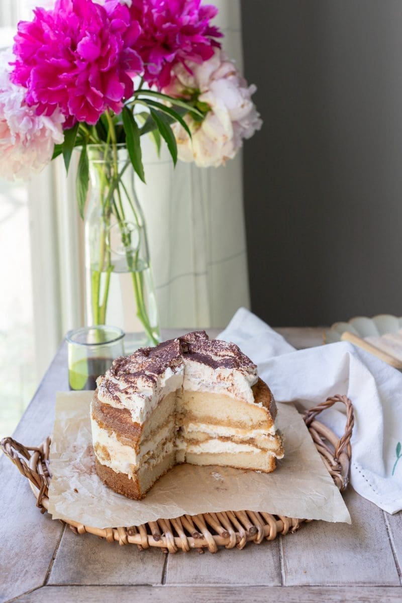 The tiramisu cake sitting on a tray