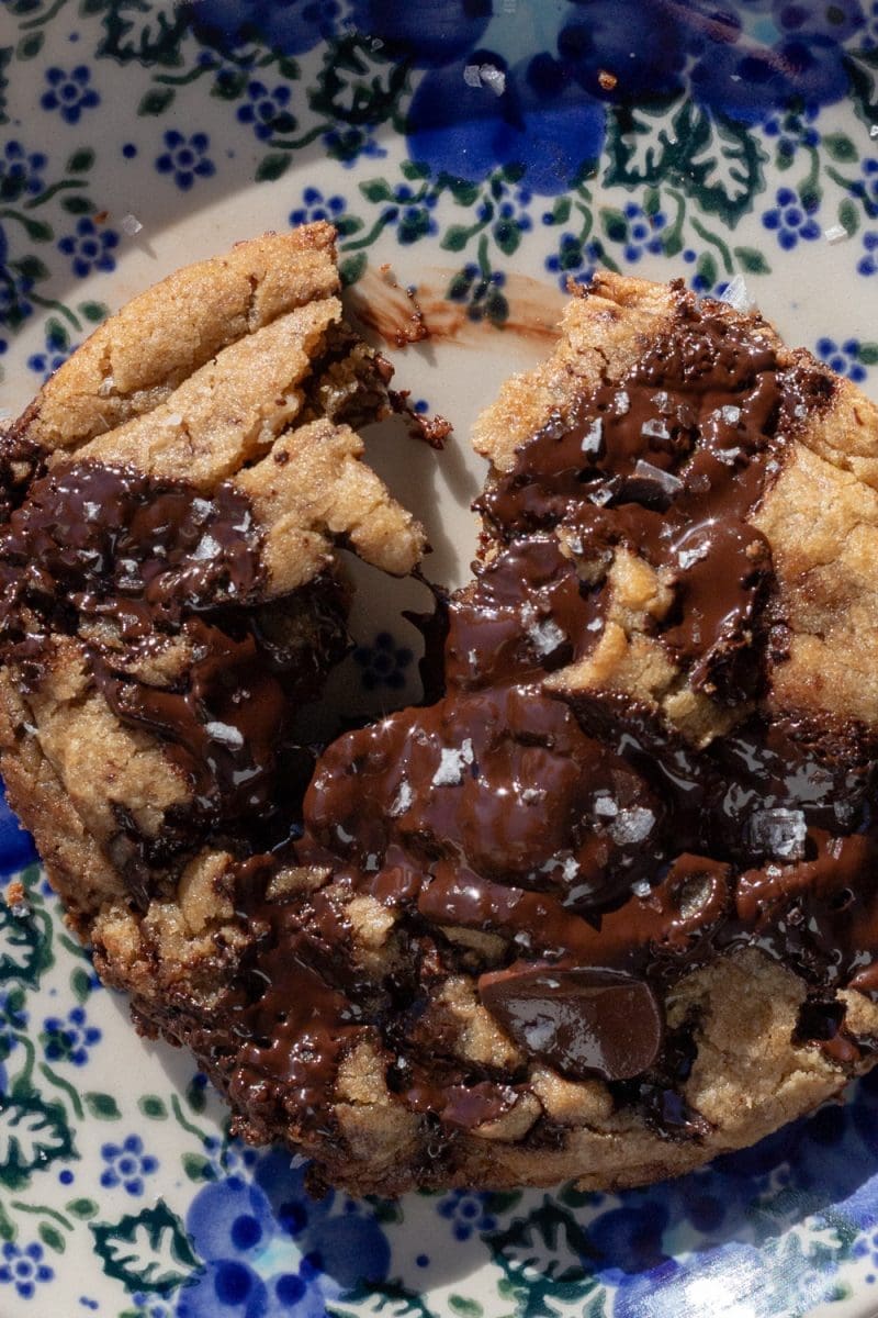 Close up of the single serve chocolate chip cookie broken in half.