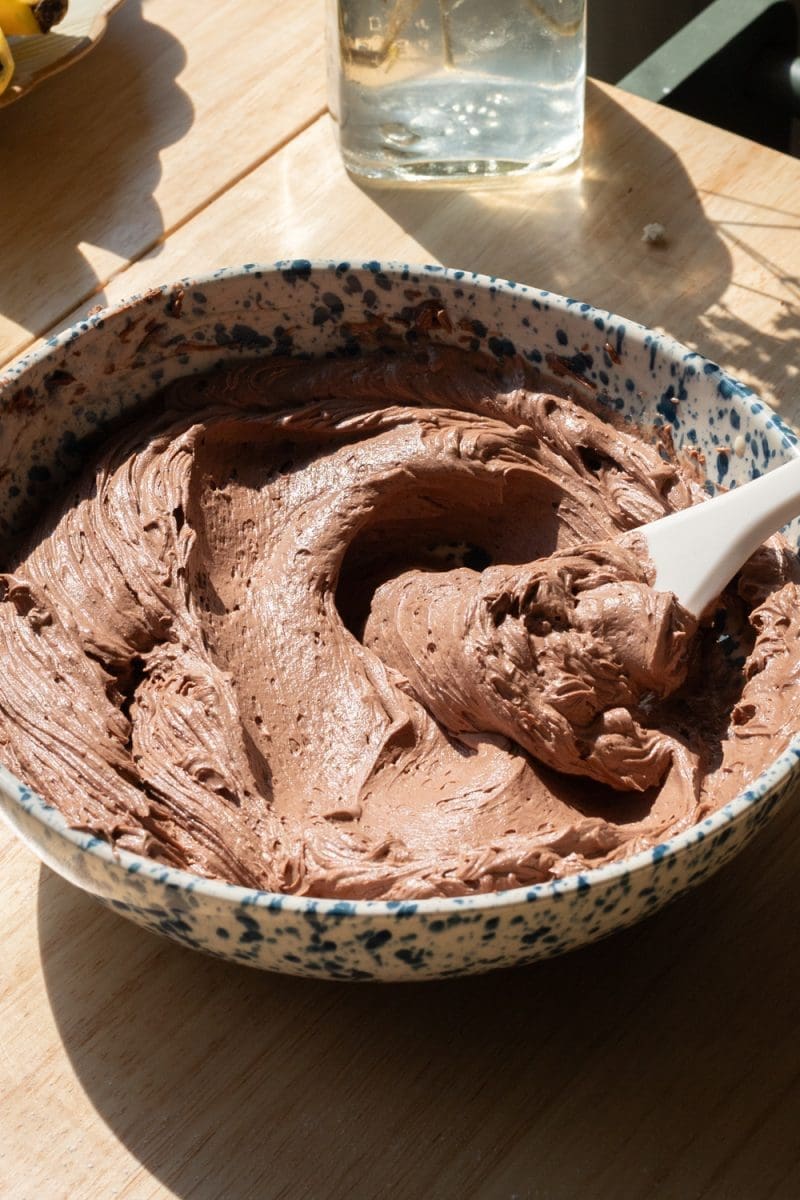 The finished mocha buttercream in a mixing bowl.