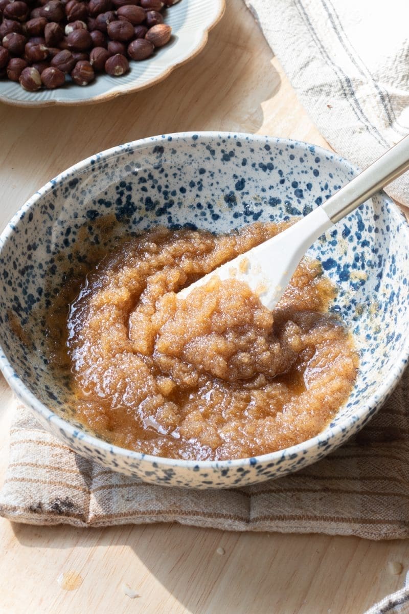 The brown butter and both sugars mixed together in a bowl.