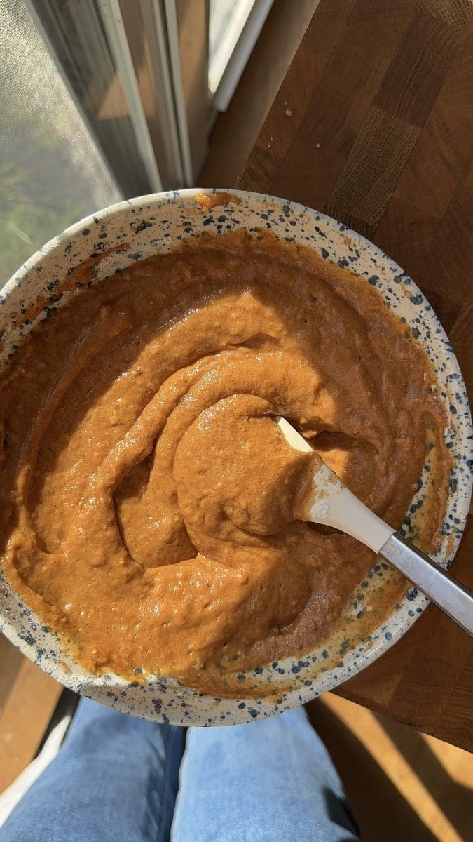The finished pumpkin coffee cake batter.