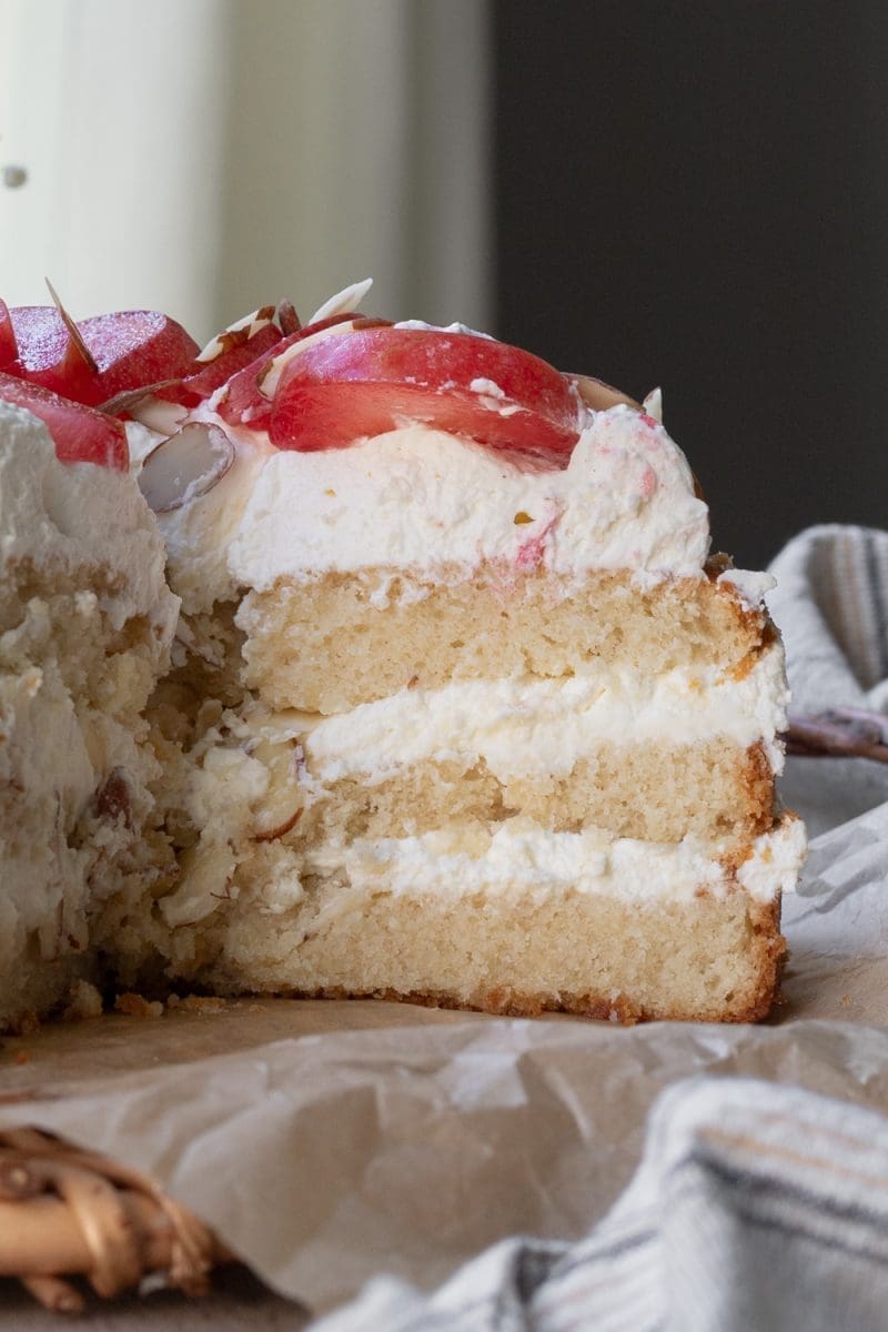 Close up of a slice of the almond cream cake.
