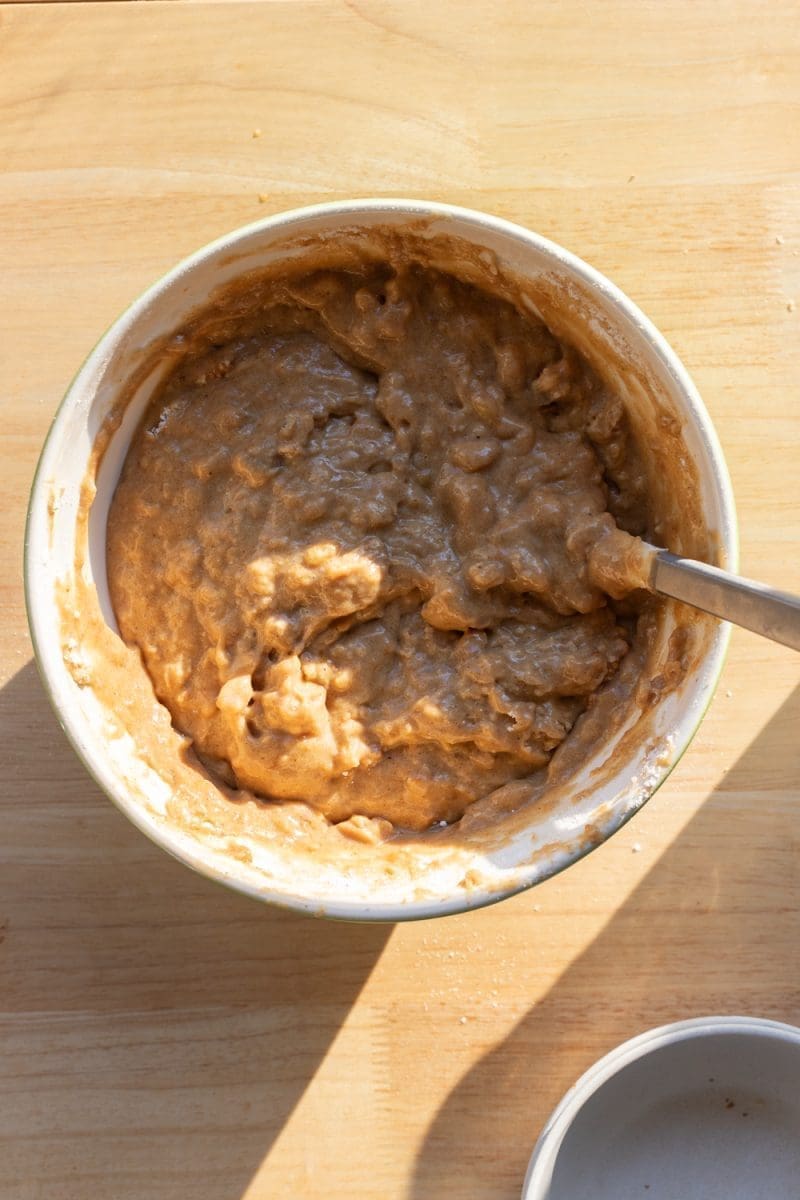 The finished gingerbread banana cake batter in the mixing bowl.