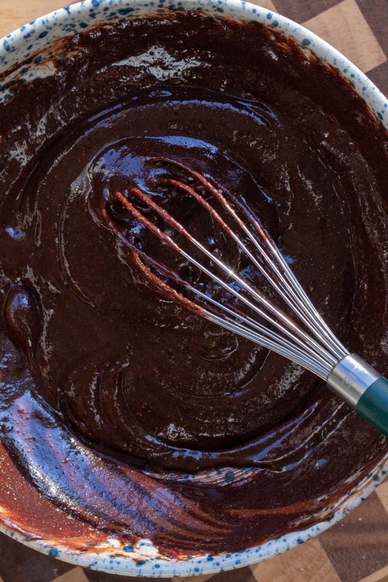 First half of the ingredients whisked together in the brownie filling.
