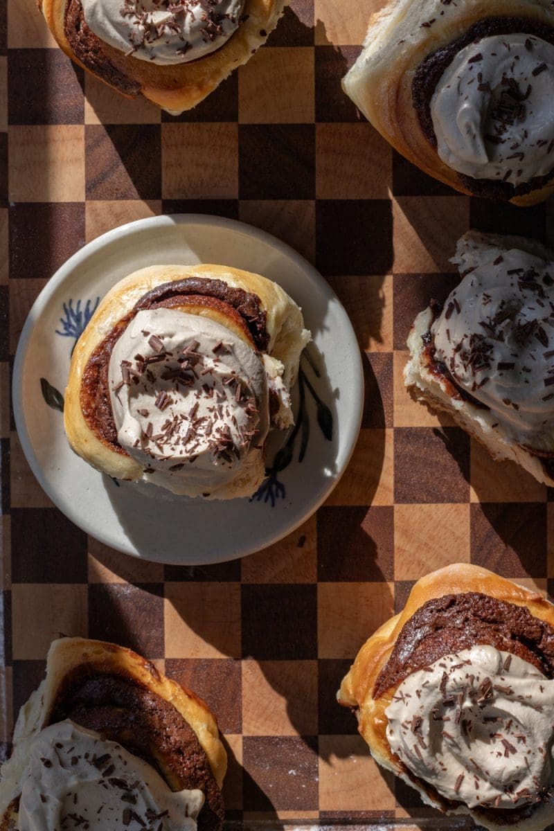 Overhead view of the frosted brioche brownie rolls.