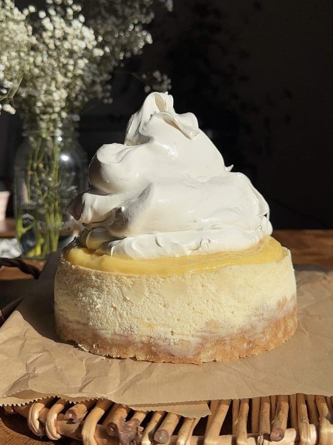 The lemon meringue cheesecake piled high with meringue.