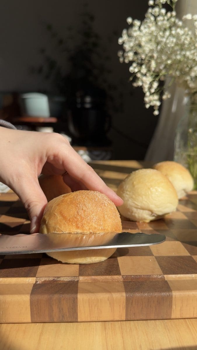 Slicing the bun in half.