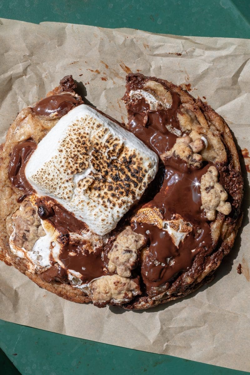close up of the broken single serve s'mores cookie.