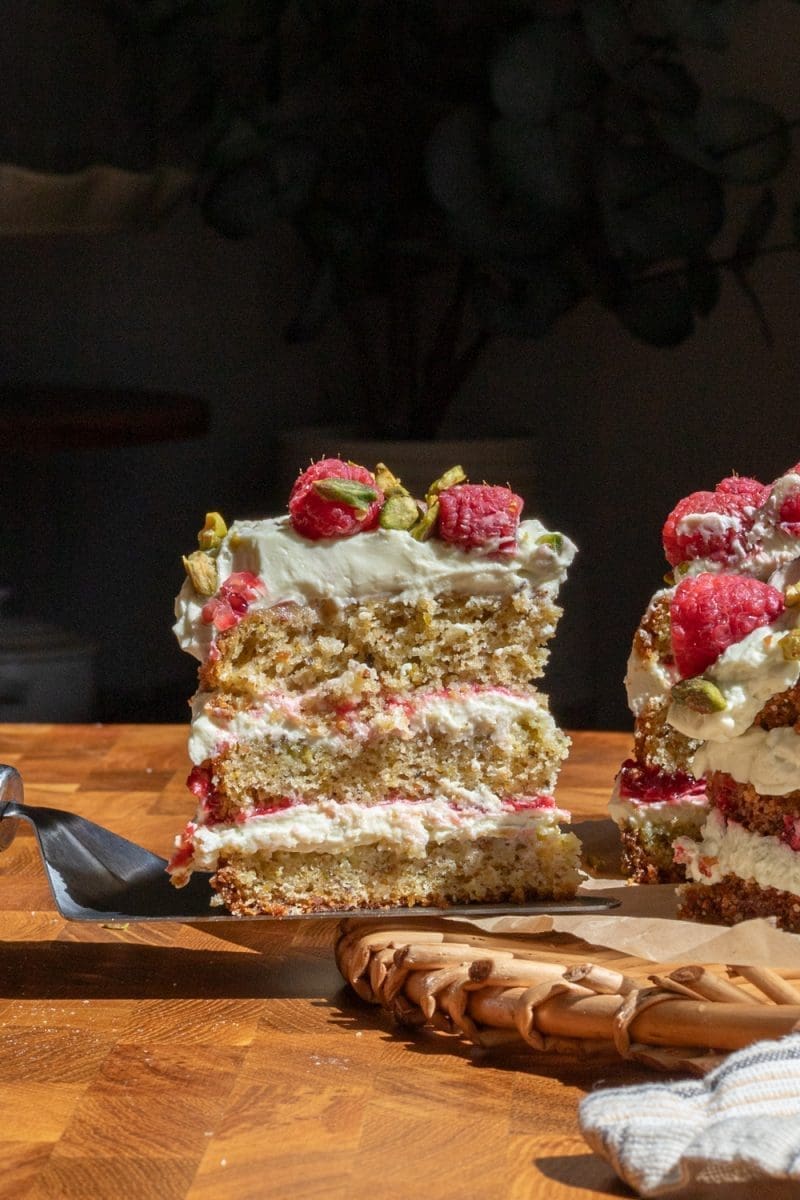 Slice of the pistachio raspberry cake