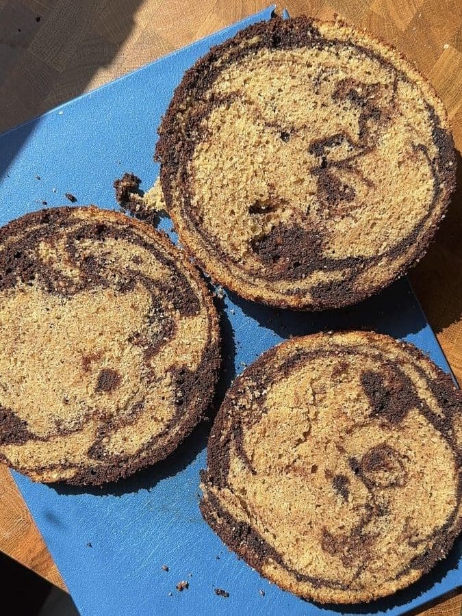 The cake sliced into three layers.