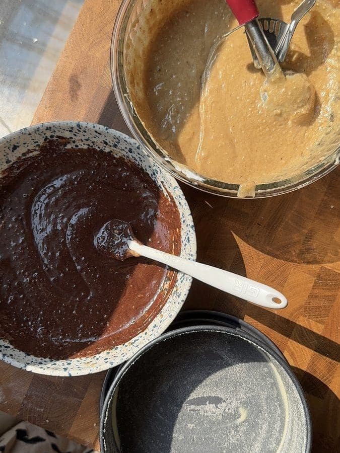 The two cake batters next to a springform pan.
