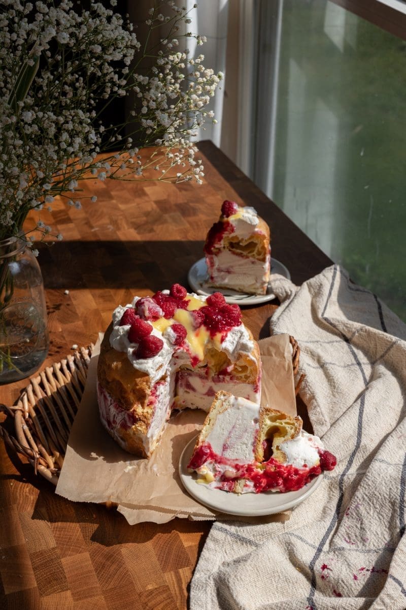 Overlooking the lemon raspberry cream puff ice cream cake.