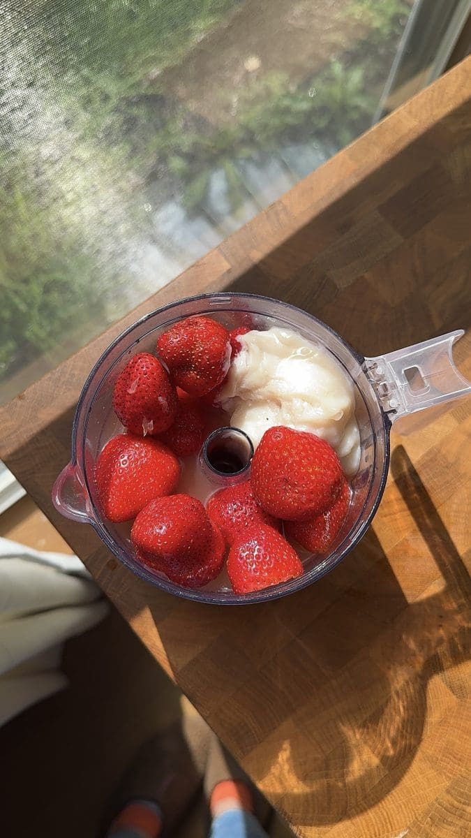 The sorbet ingredients in a food processor.
