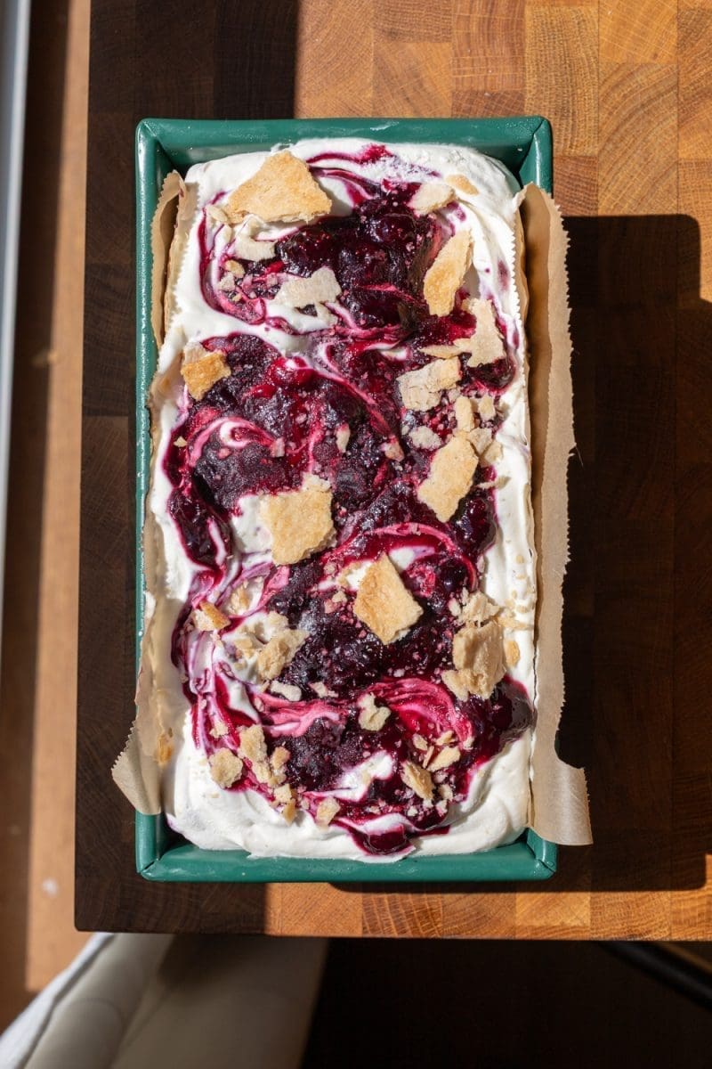Close up of the pan of no-churn blueberry pie ice cream